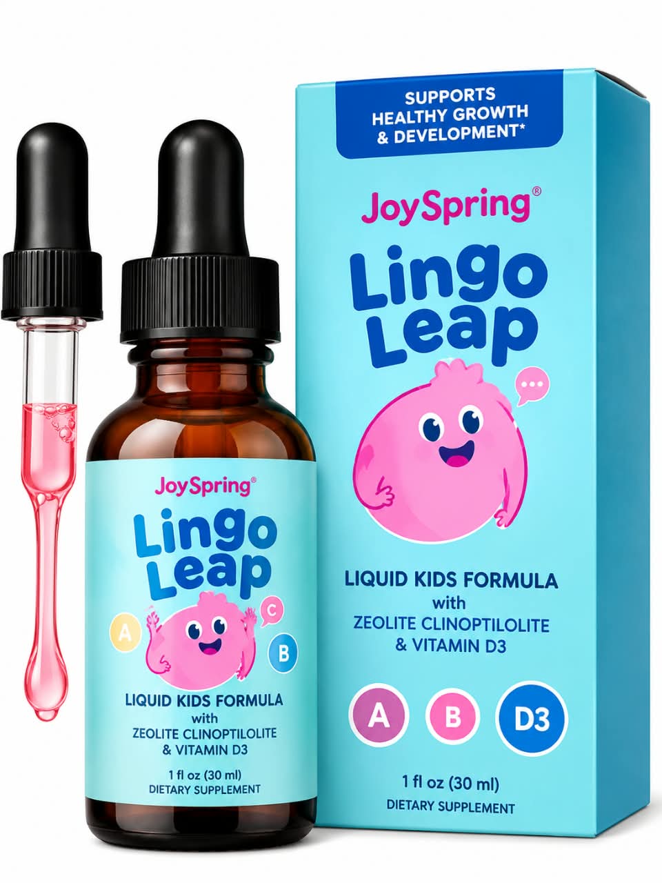 JoySpring LingoLeap Liquid Kids Formula with Zeolite Clinoptilolite Drops & Vitamin D3 – 1 fl oz, 30 Servings