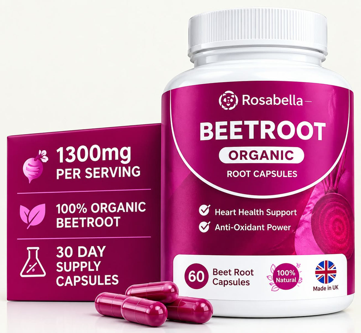 Rosabella Organic Beetroot Root Capsules 1300mg – Beet Root Powder, 60 Capsules